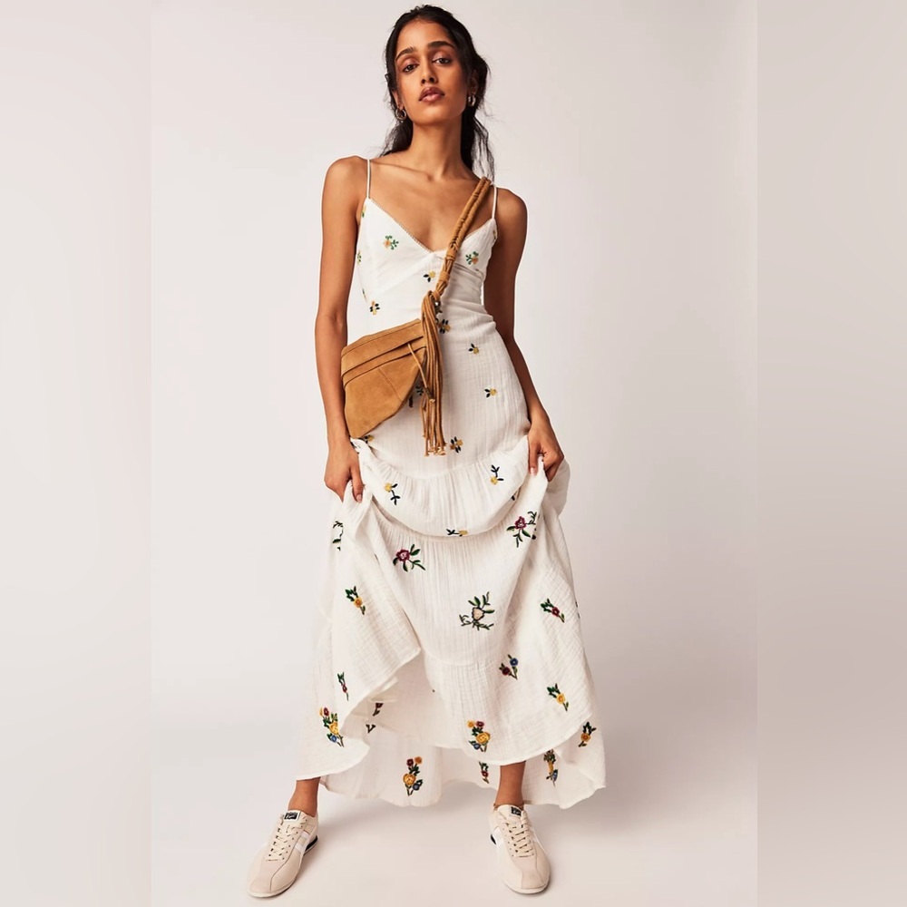 Free People White Maxi Dress with Multicolor Floral Embroidery